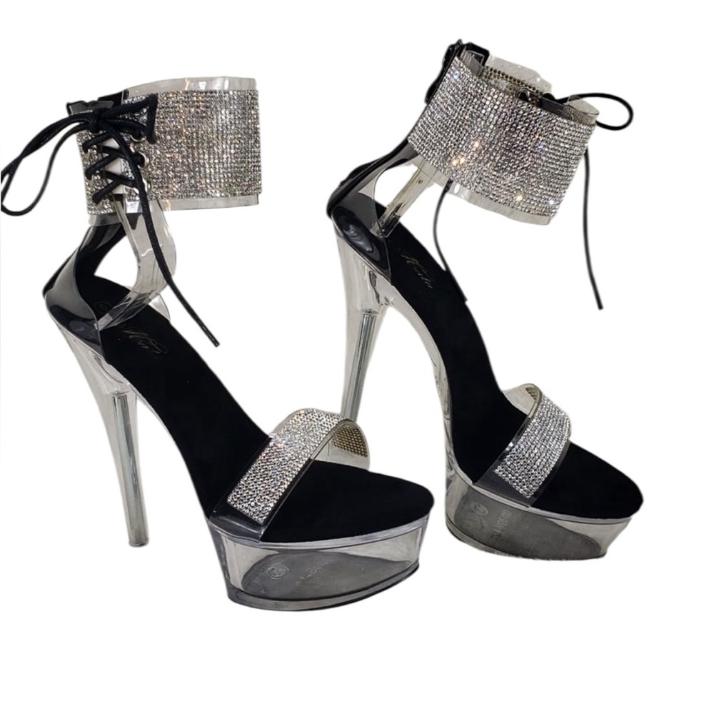 Sparkle Affair Rhinestone Ankle Cuff Clear Platform High Heel Shoes